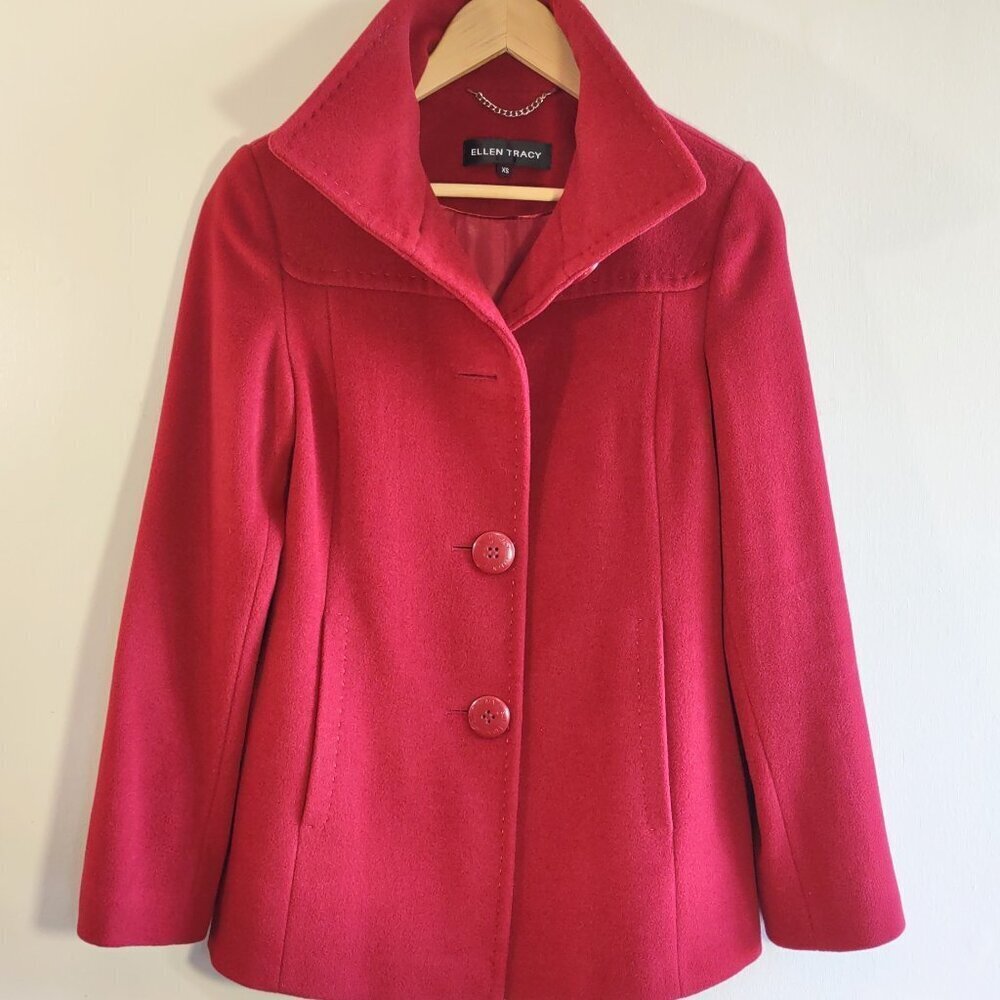 Ellen Tracy Wool & Angora Pea Coat Ruby Red Size XS Classic Elegant 'Like New - Picture 1 of 10
